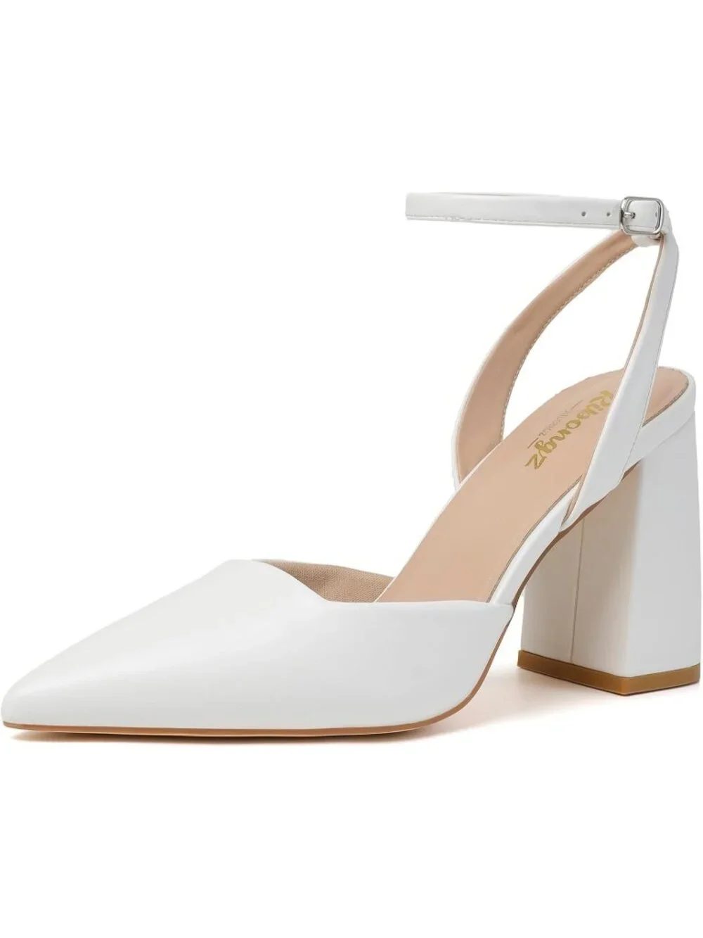 Womens White Leather Closed Pointed Toe Block Heeled Slingback Ankle Strap Shoes